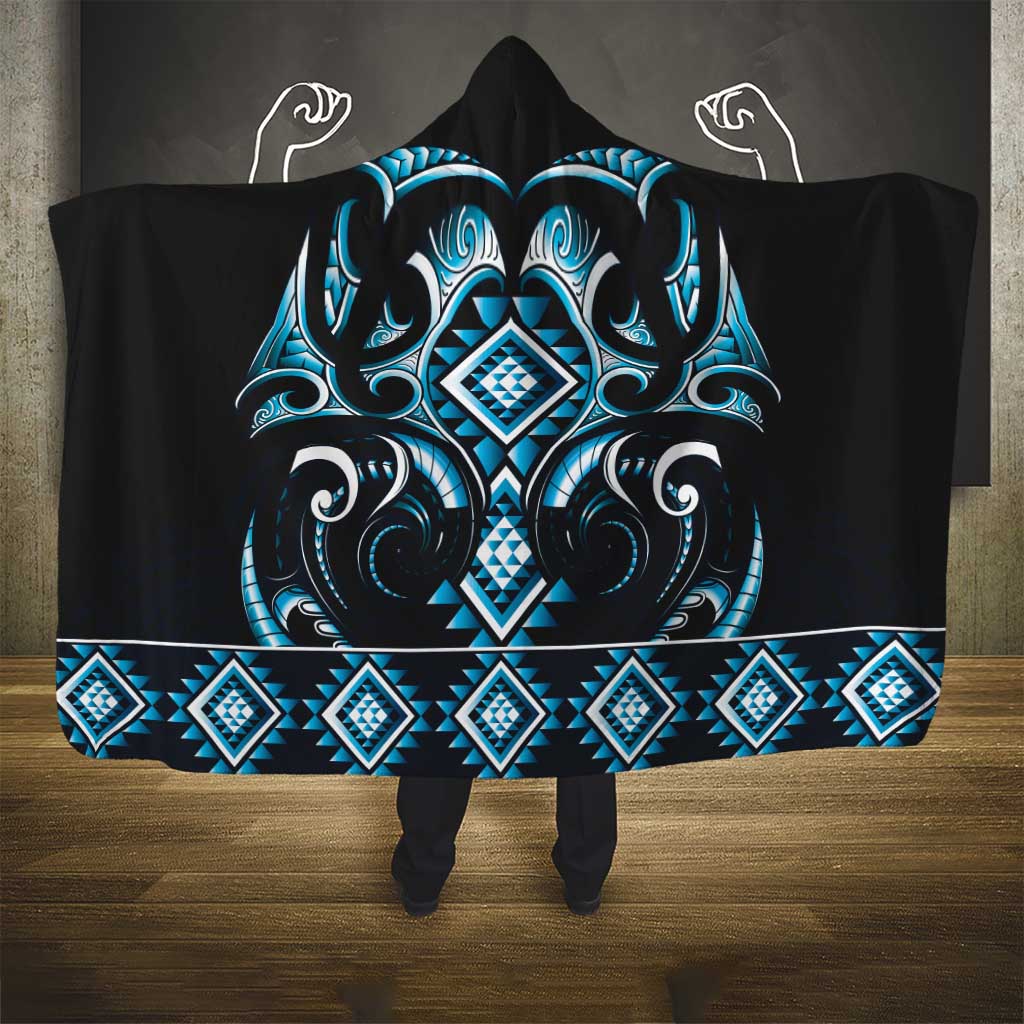 Blue Ngaru Taniko With Aotearoa Maori Tattoo Hooded Blanket LT14 - Polynesian Pride