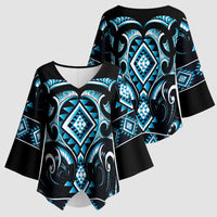 Blue Ngaru Taniko With Aotearoa Maori Tattoo Kimono Sleeve Blouse - Polynesian Pride