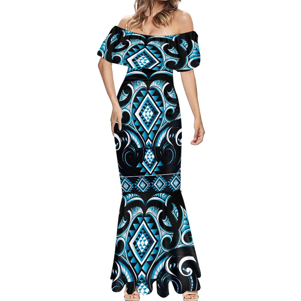 Blue Ngaru Taniko With Aotearoa Maori Tattoo Mermaid Dress LT14 - Polynesian Pride