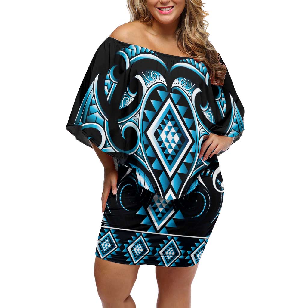 Blue Ngaru Taniko With Aotearoa Maori Tattoo Off Shoulder Short Dress LT14 Women Blue - Polynesian Pride