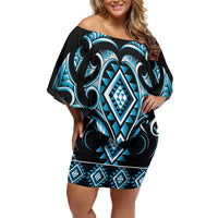 Blue Ngaru Taniko With Aotearoa Maori Tattoo Off Shoulder Short Dress LT14 Women Blue - Polynesian Pride