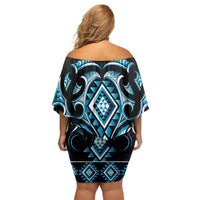 Blue Ngaru Taniko With Aotearoa Maori Tattoo Off Shoulder Short Dress LT14 - Polynesian Pride