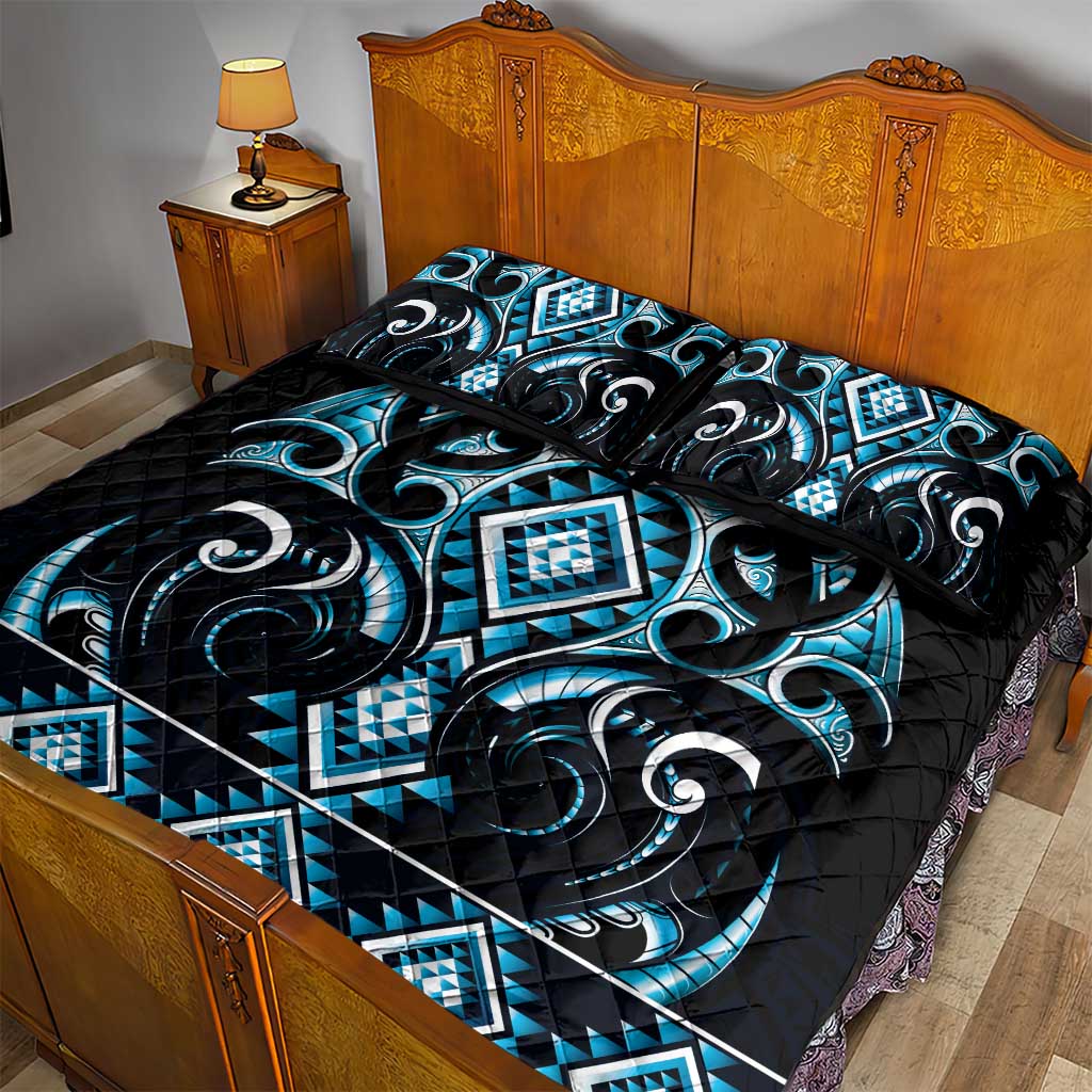 Blue Ngaru Taniko With Aotearoa Maori Tattoo Quilt Bed Set