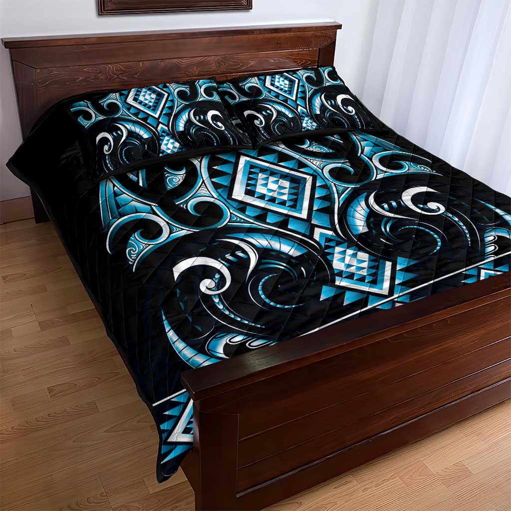 Blue Ngaru Taniko With Aotearoa Maori Tattoo Quilt Bed Set