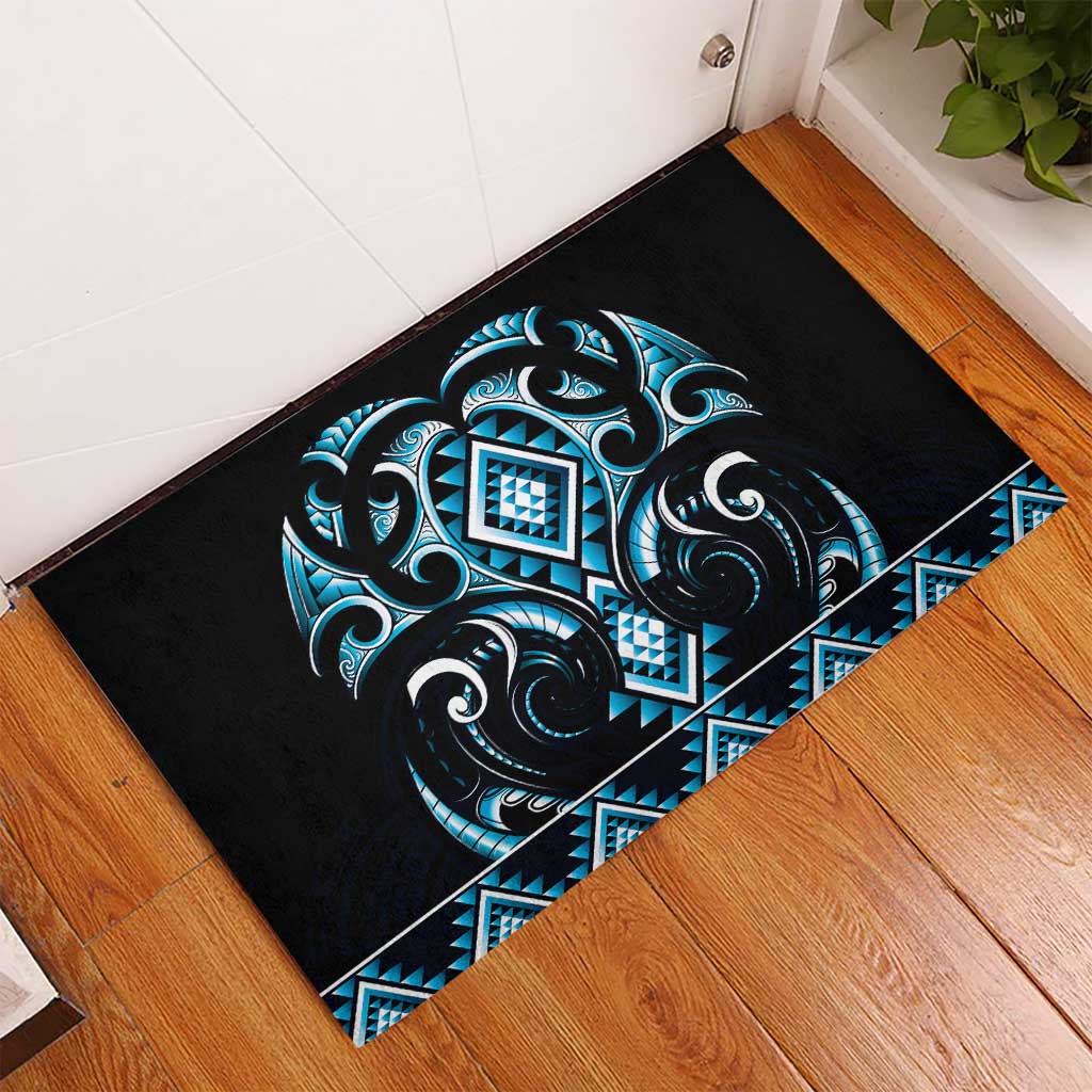 Blue Ngaru Taniko With Aotearoa Maori Tattoo Rubber Doormat
