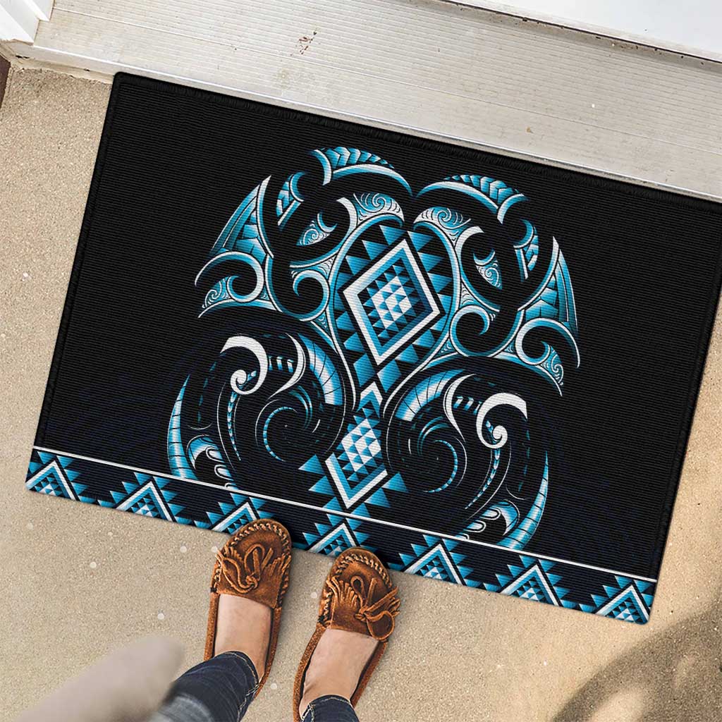 Blue Ngaru Taniko With Aotearoa Maori Tattoo Rubber Doormat