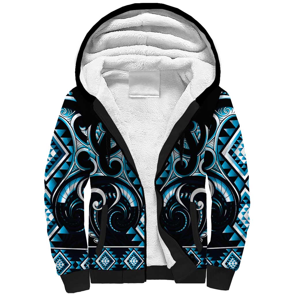 Blue Ngaru Taniko With Aotearoa Maori Tattoo Sherpa Hoodie