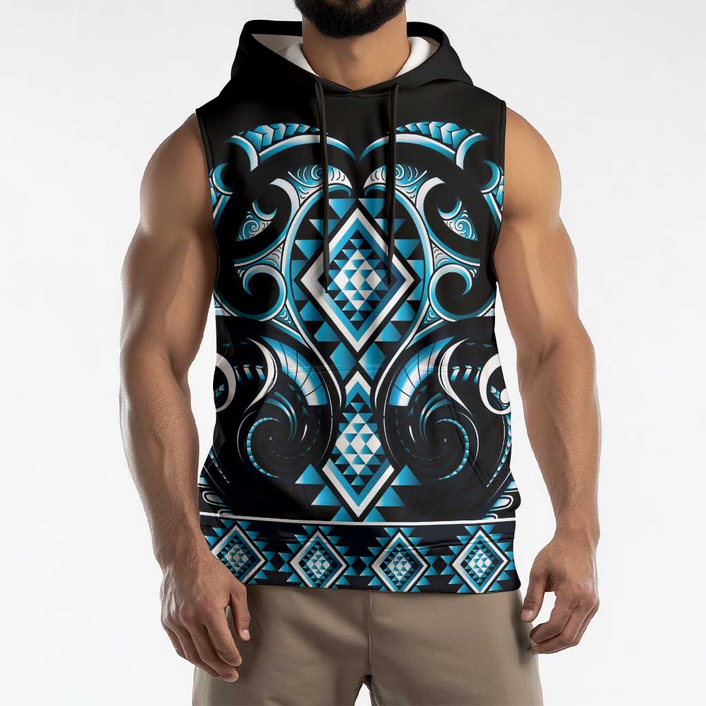 Blue Ngaru Taniko With Aotearoa Maori Tattoo Sleeveless Hoodie - Polynesian Pride