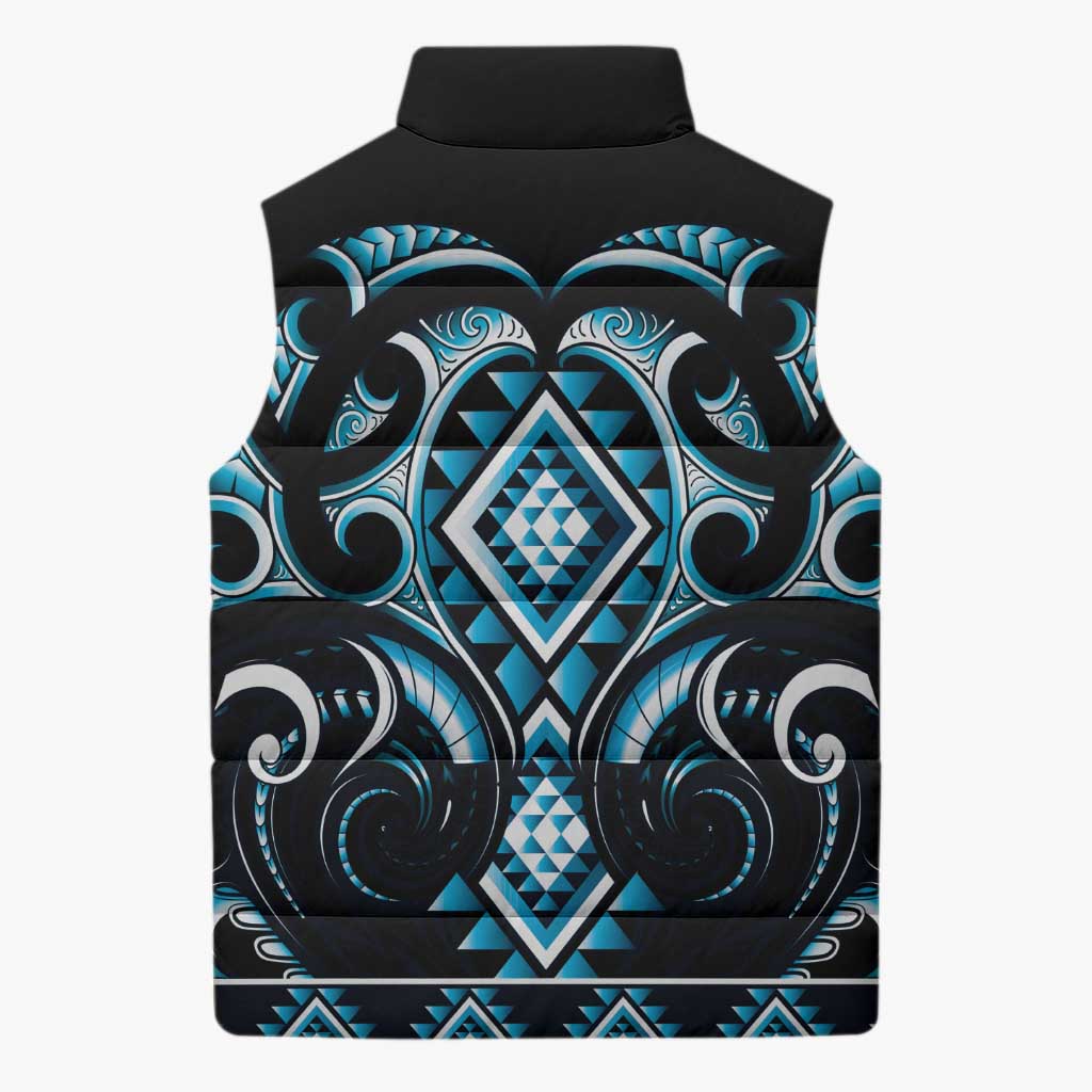 Blue Ngaru Taniko With Aotearoa Maori Tattoo Sleeveless Puffer Jacket - Polynesian Pride