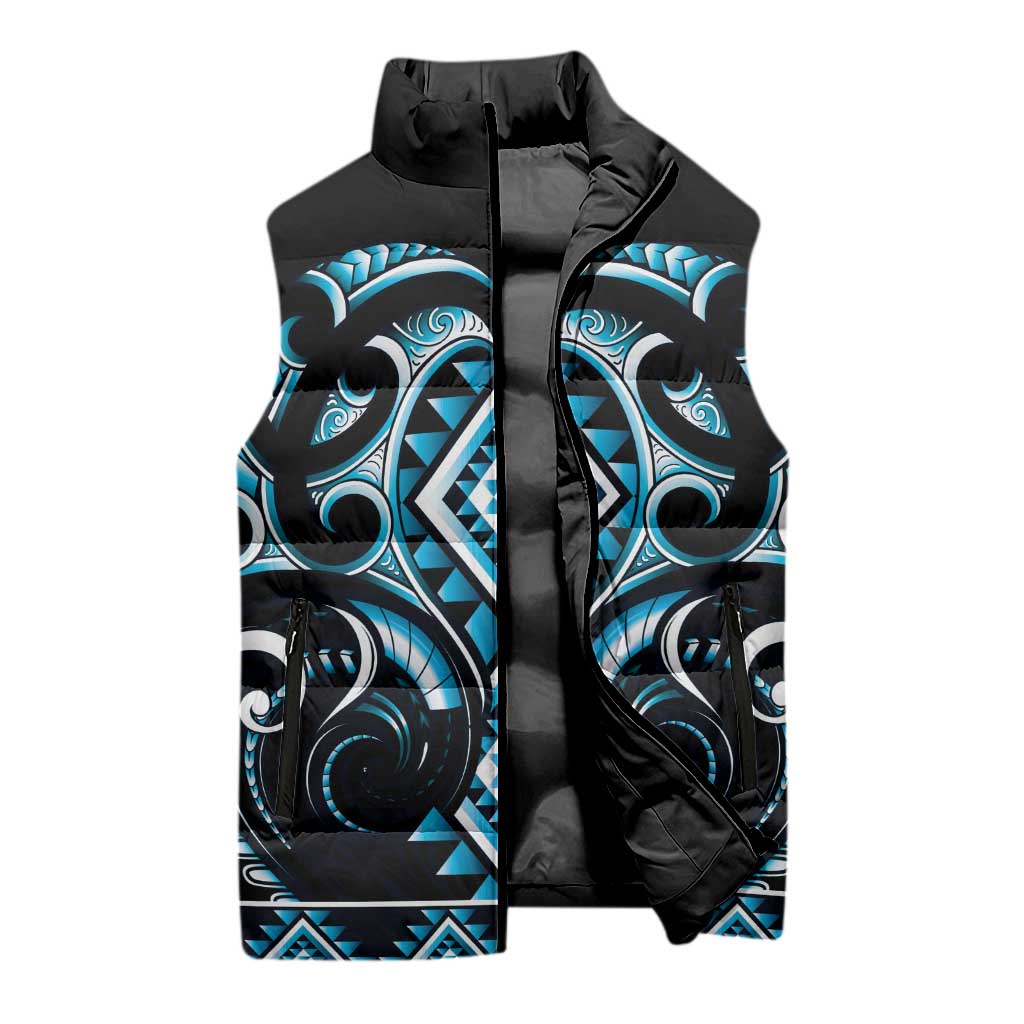 Blue Ngaru Taniko With Aotearoa Maori Tattoo Sleeveless Puffer Jacket - Polynesian Pride
