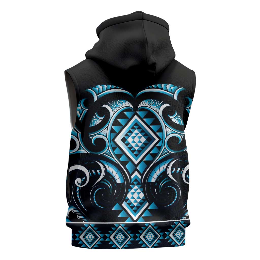 Blue Ngaru Taniko With Aotearoa Maori Tattoo Sleeveless Zip Hoodie - Polynesian Pride