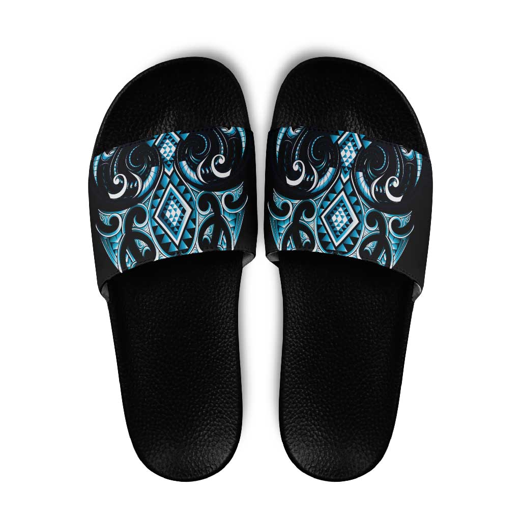 Blue Ngaru Taniko With Aotearoa Maori Tattoo Slide Sandals - Polynesian Pride