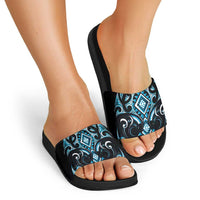 Blue Ngaru Taniko With Aotearoa Maori Tattoo Slide Sandals - Polynesian Pride