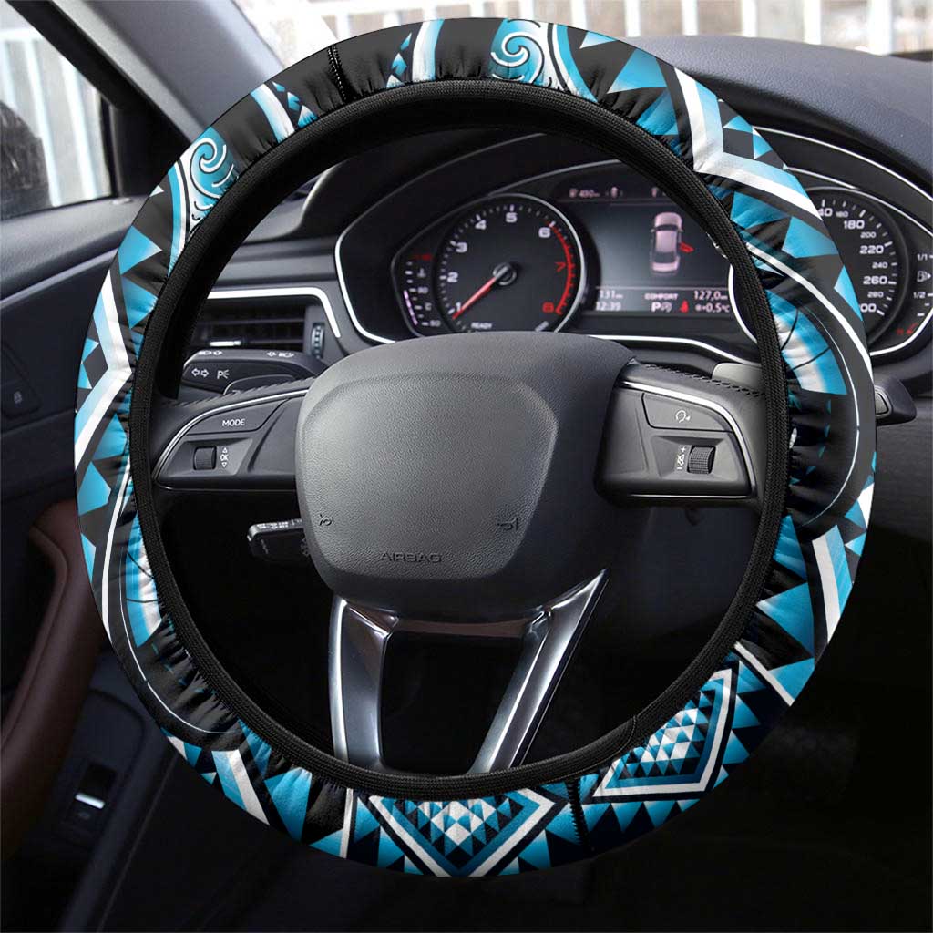 Blue Ngaru Taniko With Aotearoa Maori Tattoo Steering Wheel Cover