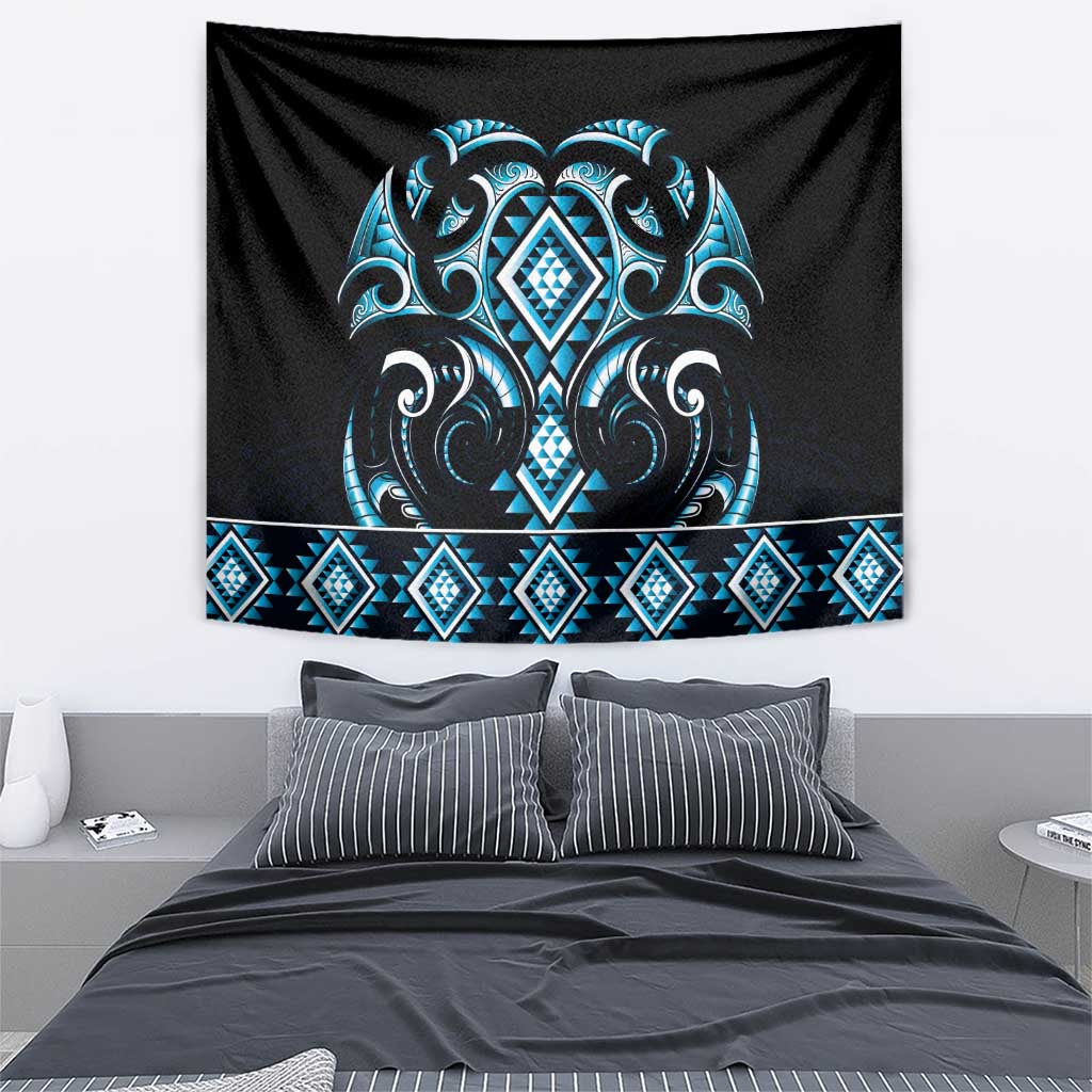 Blue Ngaru Taniko With Aotearoa Maori Tattoo Tapestry