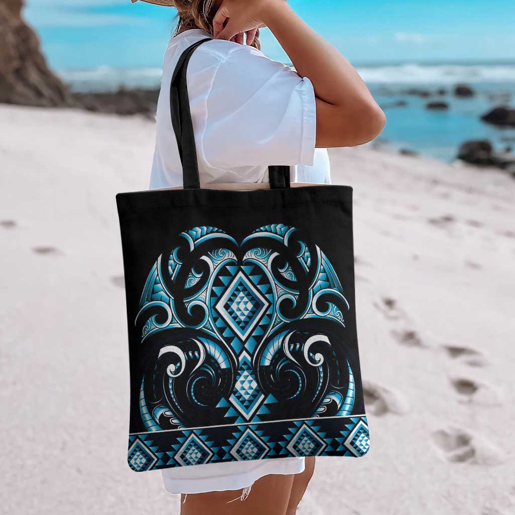 Blue Ngaru Taniko With Aotearoa Maori Tattoo Tote Bag - Polynesian Pride