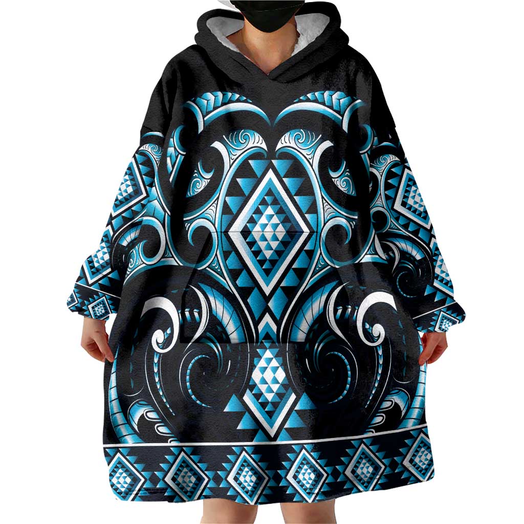 Blue Ngaru Taniko With Aotearoa Maori Tattoo Wearable Blanket Hoodie
