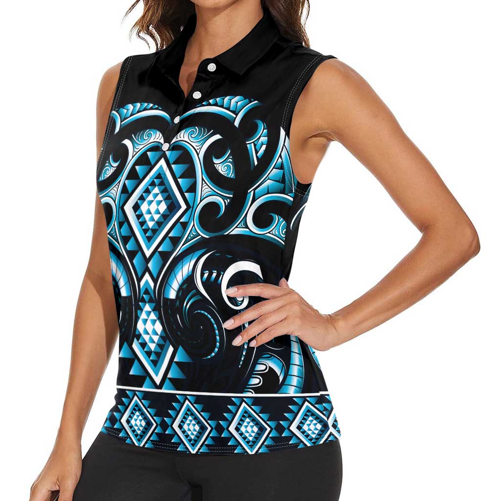 Blue Ngaru Taniko With Aotearoa Maori Tattoo Women Sleeveless Polo Shirt