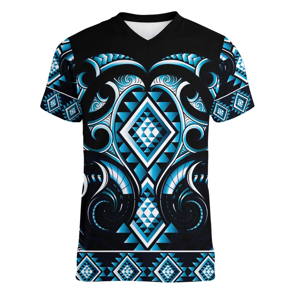 Blue Ngaru Taniko With Aotearoa Maori Tattoo Women V-Neck T-Shirt