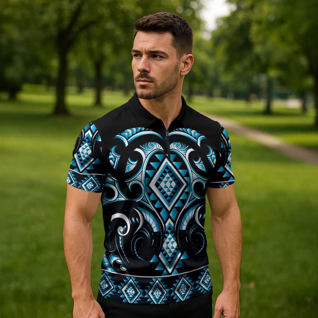 Blue Ngaru Taniko With Aotearoa Maori Tattoo Zipper Polo Shirt - Polynesian Pride