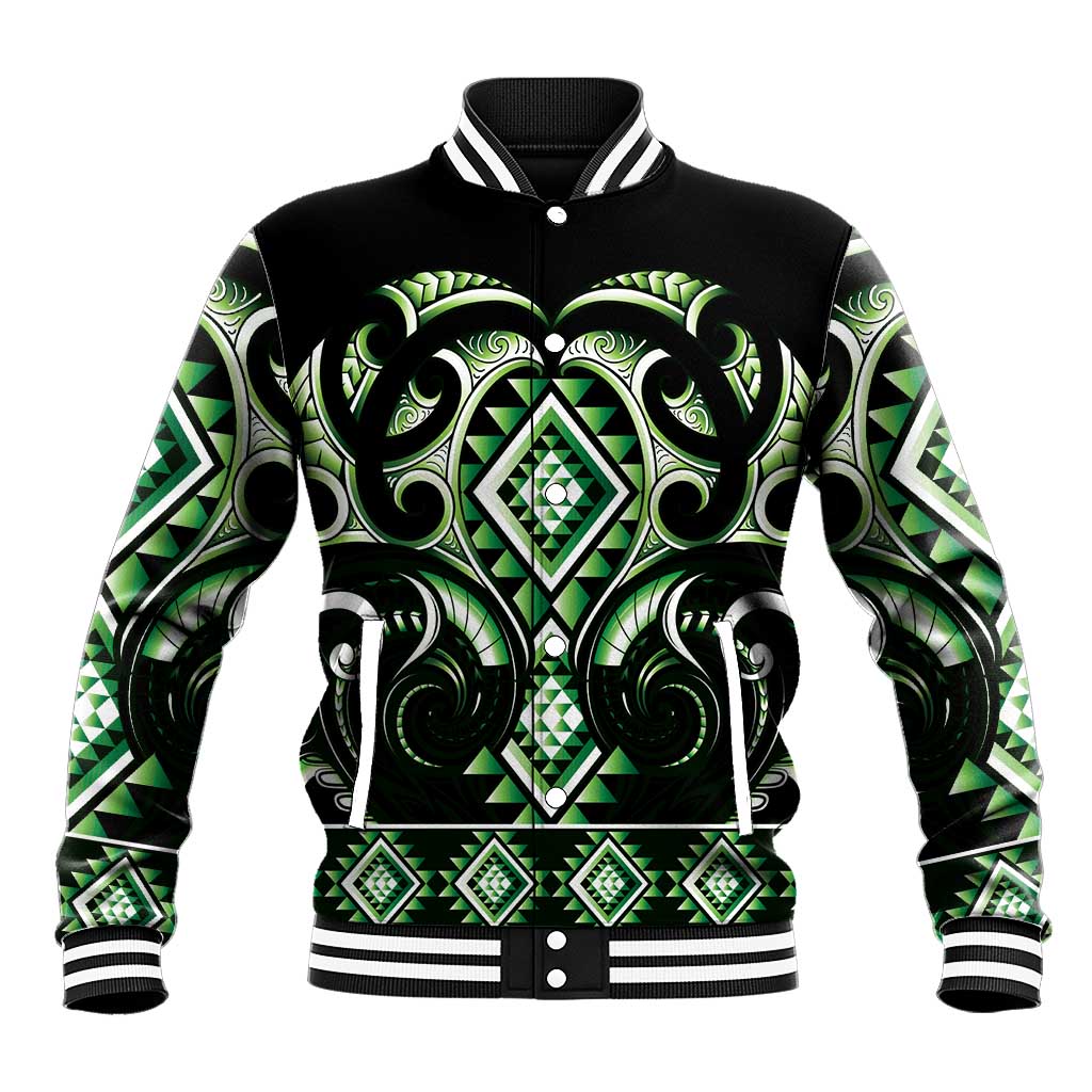 Green Ngaru Taniko With Aotearoa Maori Tattoo Baseball Jacket