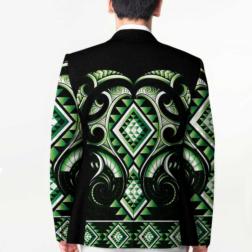 Green Ngaru Taniko With Aotearoa Maori Tattoo Blazer - Polynesian Pride