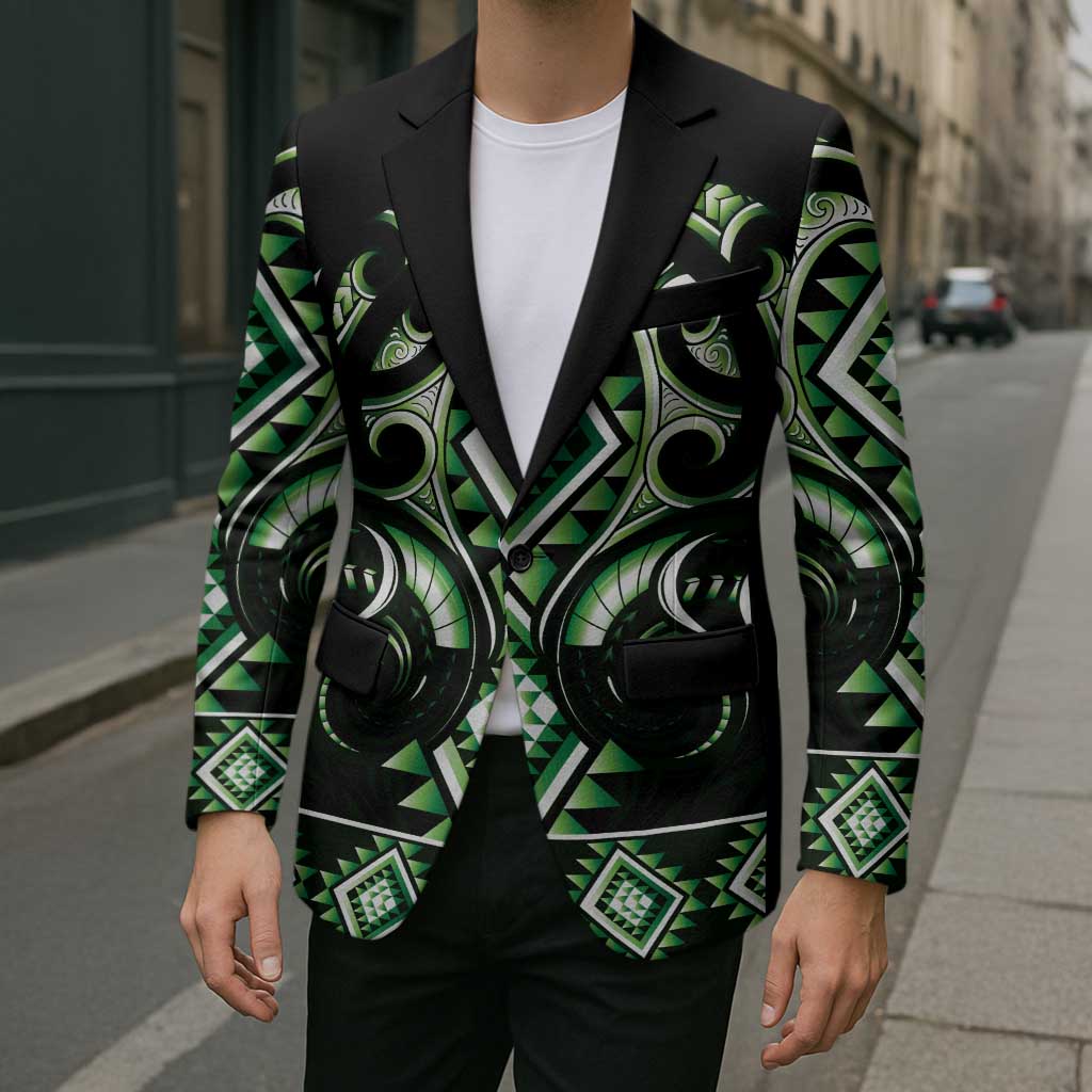 Green Ngaru Taniko With Aotearoa Maori Tattoo Blazer - Polynesian Pride