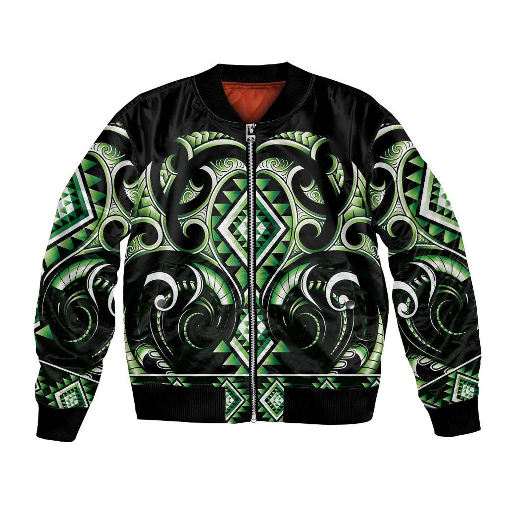Green Ngaru Taniko With Aotearoa Maori Tattoo Bomber Jacket