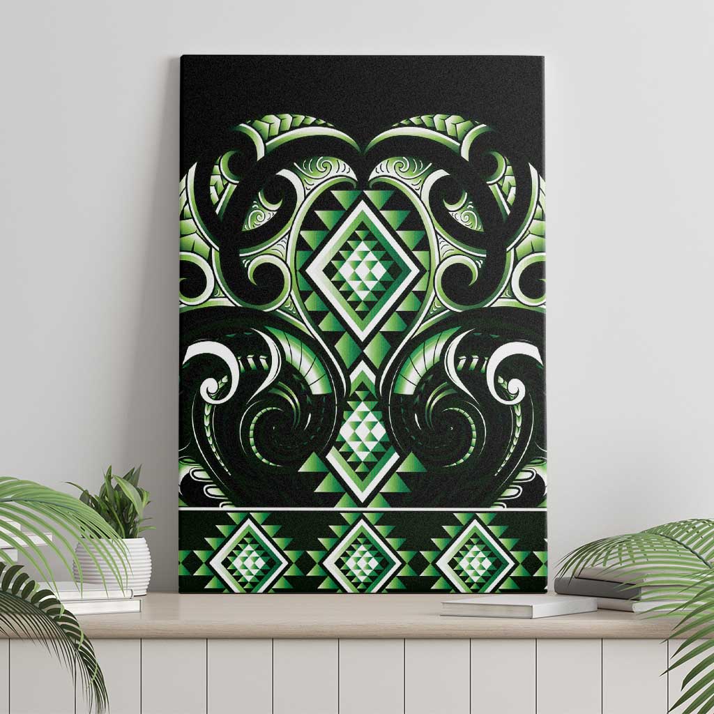 Green Ngaru Taniko With Aotearoa Maori Tattoo Canvas Wall Art