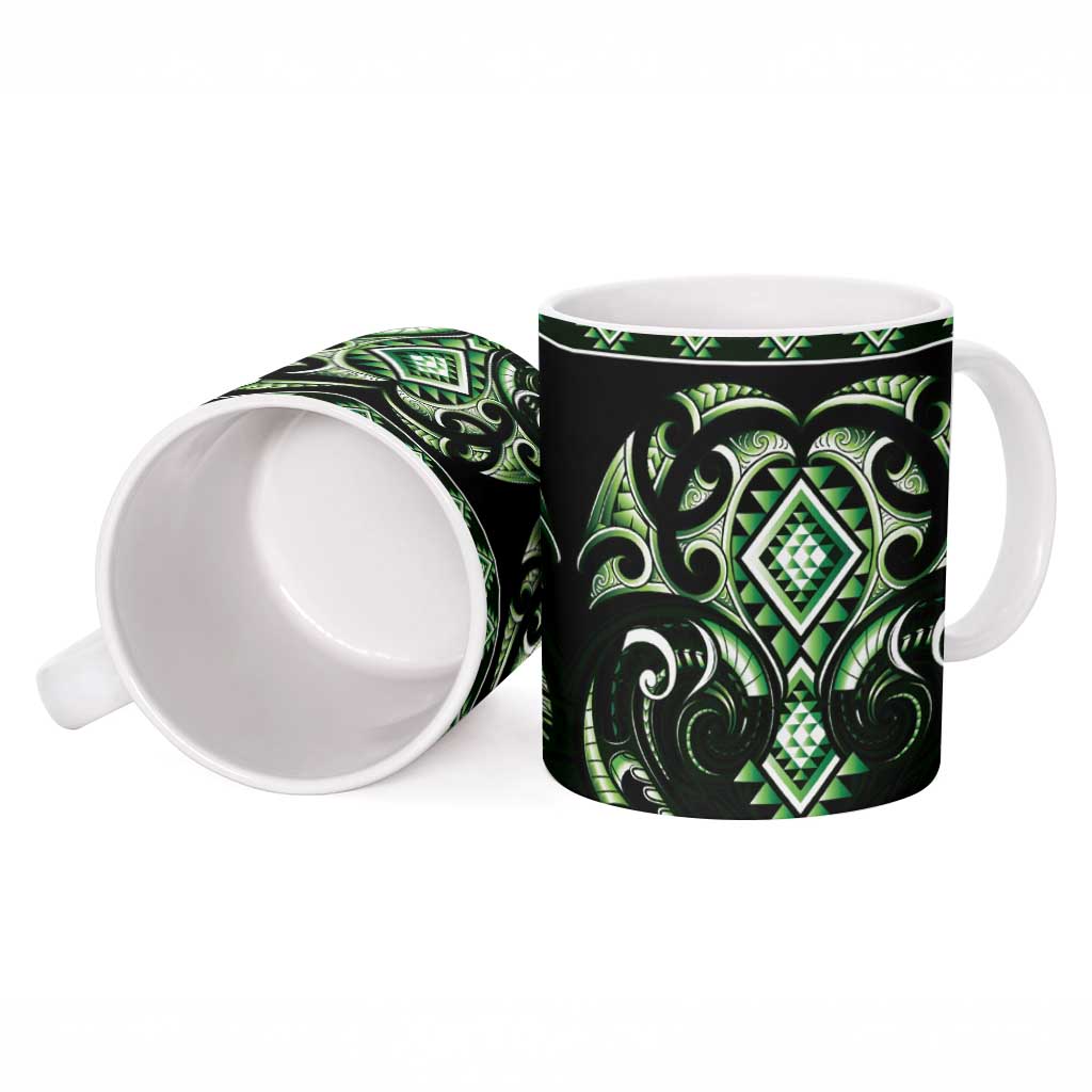 Green Ngaru Taniko With Aotearoa Maori Tattoo Ceramic Mug - Polynesian Pride