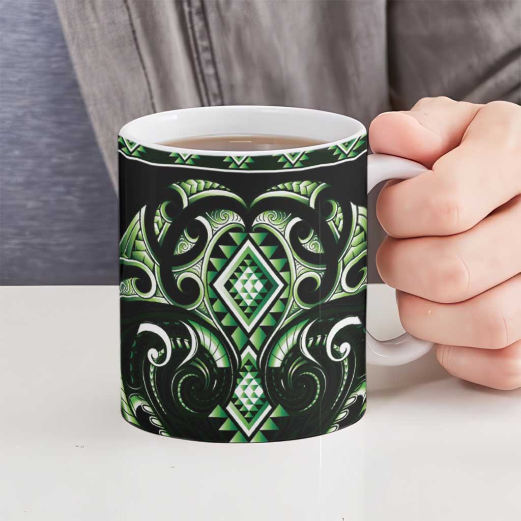 Green Ngaru Taniko With Aotearoa Maori Tattoo Ceramic Mug - Polynesian Pride