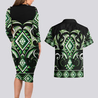 Green Ngaru Taniko With Aotearoa Maori Tattoo Couples Matching Long Sleeve Bodycon Dress and Hawaiian Shirt