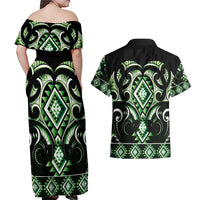 Green Ngaru Taniko With Aotearoa Maori Tattoo Couples Matching Off Shoulder Maxi Dress and Hawaiian Shirt