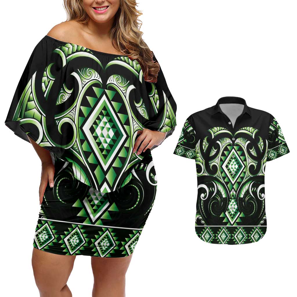 Green Ngaru Taniko With Aotearoa Maori Tattoo Couples Matching Off Shoulder Short Dress and Hawaiian Shirt