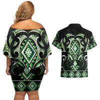 Green Ngaru Taniko With Aotearoa Maori Tattoo Couples Matching Off Shoulder Short Dress and Hawaiian Shirt