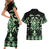 Green Ngaru Taniko With Aotearoa Maori Tattoo Couples Matching Short Sleeve Bodycon Dress and Hawaiian Shirt