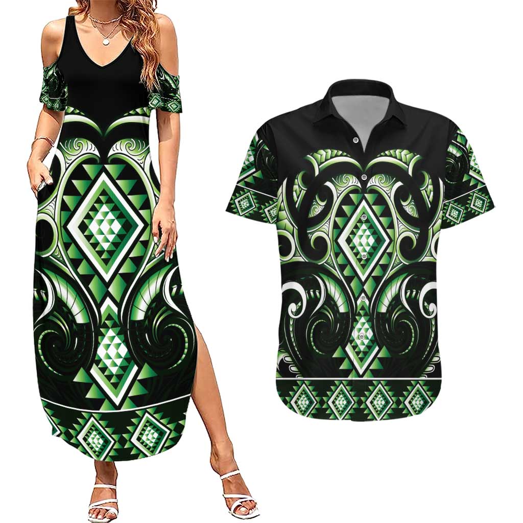 Green Ngaru Taniko With Aotearoa Maori Tattoo Couples Matching Summer Maxi Dress and Hawaiian Shirt