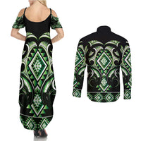 Green Ngaru Taniko With Aotearoa Maori Tattoo Couples Matching Summer Maxi Dress and Long Sleeve Button Shirt