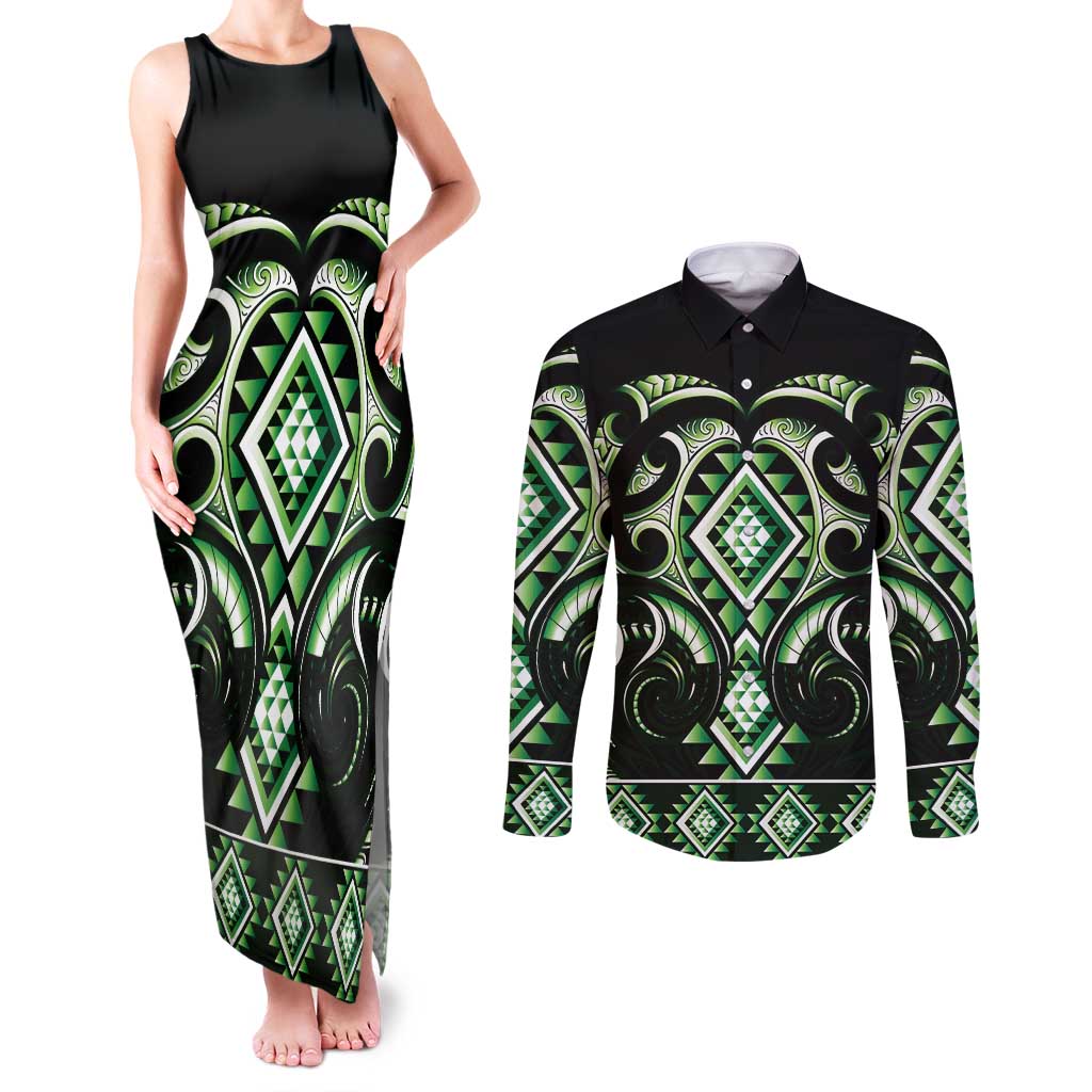 Green Ngaru Taniko With Aotearoa Maori Tattoo Couples Matching Tank Maxi Dress and Long Sleeve Button Shirt