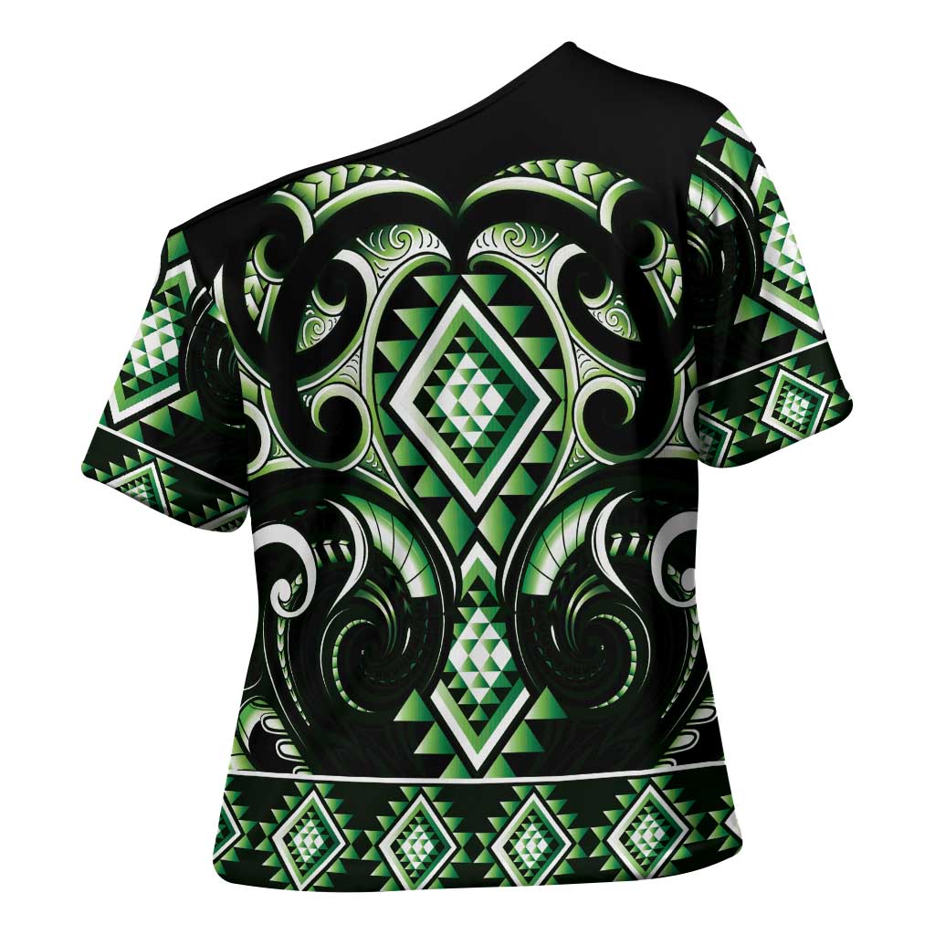 Green Ngaru Taniko With Aotearoa Maori Tattoo Cross Shoulder Shirt - Polynesian Pride