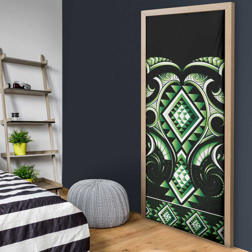 Green Ngaru Taniko With Aotearoa Maori Tattoo Door Cover - Polynesian Pride