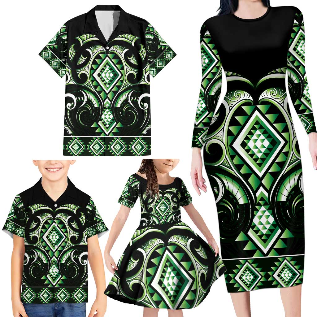Green Ngaru Taniko With Aotearoa Maori Tattoo Family Matching Long Sleeve Bodycon Dress and Hawaiian Shirt