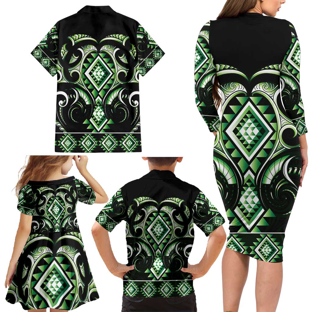 Green Ngaru Taniko With Aotearoa Maori Tattoo Family Matching Long Sleeve Bodycon Dress and Hawaiian Shirt