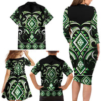 Green Ngaru Taniko With Aotearoa Maori Tattoo Family Matching Long Sleeve Bodycon Dress and Hawaiian Shirt