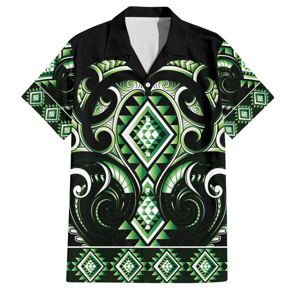Green Ngaru Taniko With Aotearoa Maori Tattoo Family Matching Long Sleeve Bodycon Dress and Hawaiian Shirt