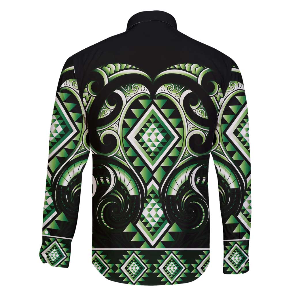 Green Ngaru Taniko With Aotearoa Maori Tattoo Family Matching Long Sleeve Bodycon Dress and Hawaiian Shirt