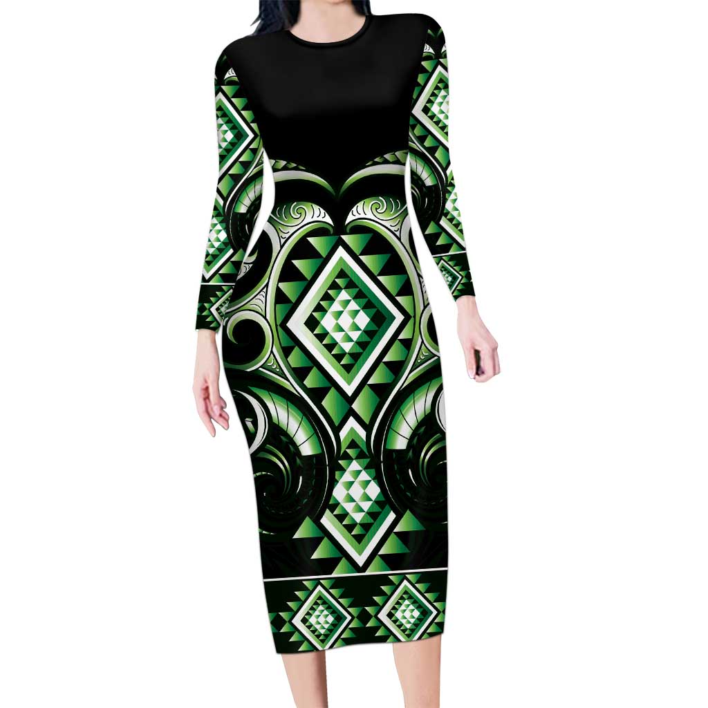 Green Ngaru Taniko With Aotearoa Maori Tattoo Family Matching Long Sleeve Bodycon Dress and Hawaiian Shirt
