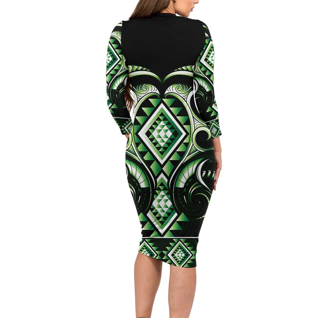 Green Ngaru Taniko With Aotearoa Maori Tattoo Family Matching Long Sleeve Bodycon Dress and Hawaiian Shirt