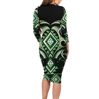 Green Ngaru Taniko With Aotearoa Maori Tattoo Family Matching Long Sleeve Bodycon Dress and Hawaiian Shirt