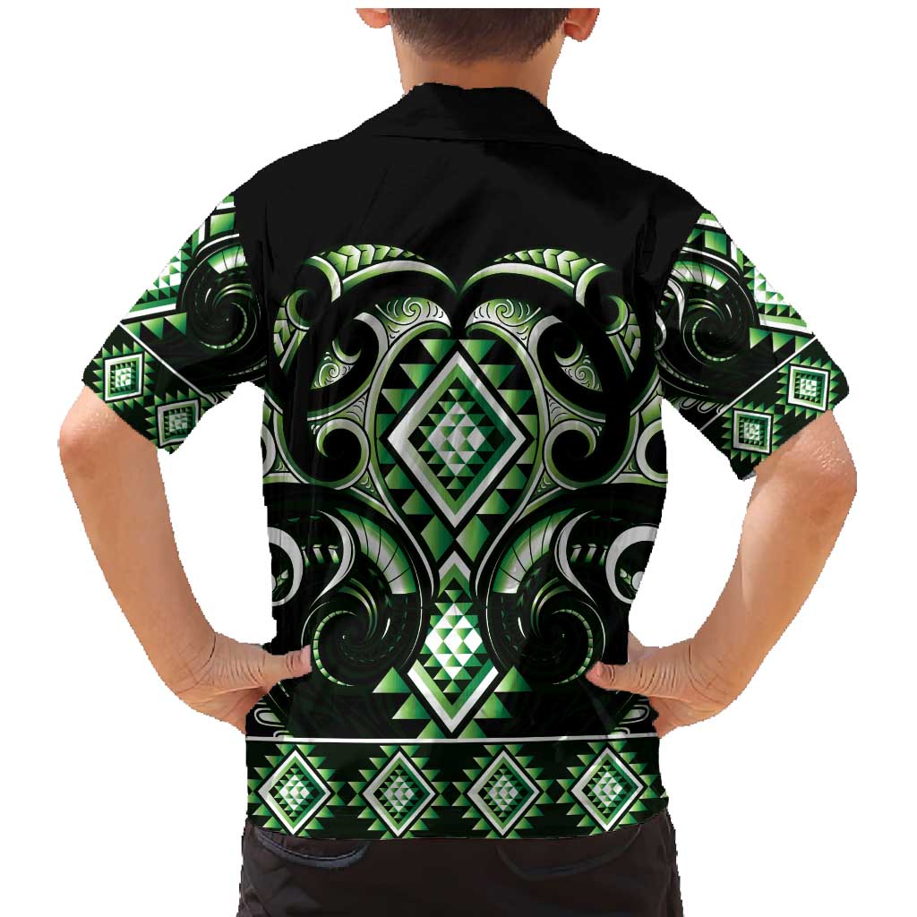 Green Ngaru Taniko With Aotearoa Maori Tattoo Family Matching Mermaid Dress and Hawaiian Shirt